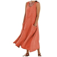 Elegantna duga Ženska haljina s rukavima jednobojna pamučna lanena haljina Maksi duljine s džepovima narančaste