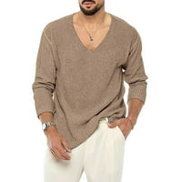 Hanas modni muški vrhovi muški casual s ledenom v-izrezom labavi pamučni džemper pulover khaki xxl