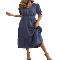 Ležerna jednobojna haljina A kroja s izrezom u obliku slova u, Dužine lakta, prašnjave plave ženske haljine