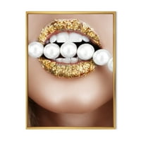DesignArt 'Zlatni listovi usana usta s biserima moderno uokvirene platnene zidne umjetničke otiske