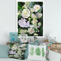 DesignTart 'buket bijelih ruža s tradicionalnim uokvirenim umjetničkim printom zelenog lišća