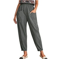Ženske lanene hlače za plažu s visokim strukom i džepovima elastični pojas Ležerne lanene duge hlače s ravnim