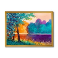 Šarena stabla tijekom sumraka uz riječno uokvireno slikarstvo platno umjetnički tisak