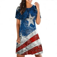 Fartey Ženske haljine 4. srpnja Creveck kratki rukav labavi fit midi haljina američka zastava Heart Print džepovi