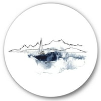 Dizajnerska umjetnost minimalistički morski pejzaž s brodom i crnim planinama morski i obalni krug na metalnom
