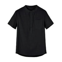 Košulje za muškarce ljetne jednobojne kratke rukave s okruglim vratom, ležerni vrhovi od pamuka i lana s džepovima