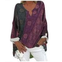 Ženski topovi, ljetna modna široka majica s izrezom u obliku slova U I printom dugih rukava u ljubičastoj boji