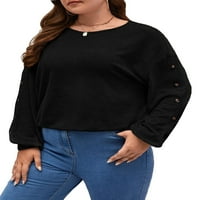 Jednobojna majica s okruglim vratom s dugim rukavima, crne majice plus veličine